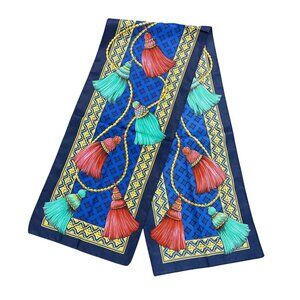 Vintage Long Scarf Blue Gold Tassel Print Multicolor Elegant Accessory Headwear